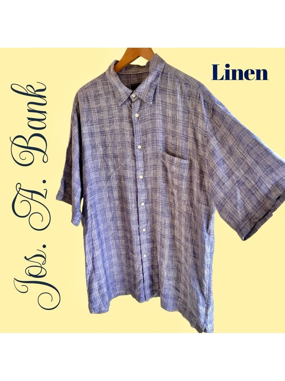Jos. A. Bank Reserve-Linen Shirt XL Blue Plaid Short Sleeve Button Front. EUC!